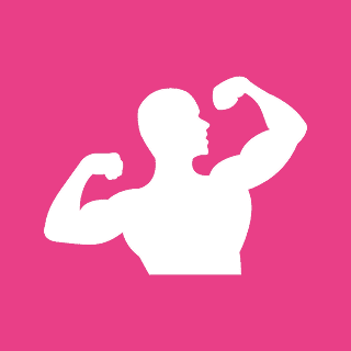 Silhouette of a flexing muscular figure against a pink background.