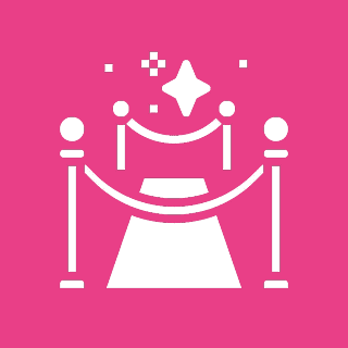 Event Photos A white icon on a pink background depicting a starry walkway with ropes and stanchions, symbolizing a VIP or exclusive area.