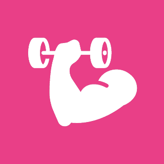 White muscular arm icon lifting a barbell on a pink background.