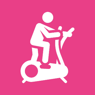 Gym Photos Icon of a person on an exercise bike against a pink background.