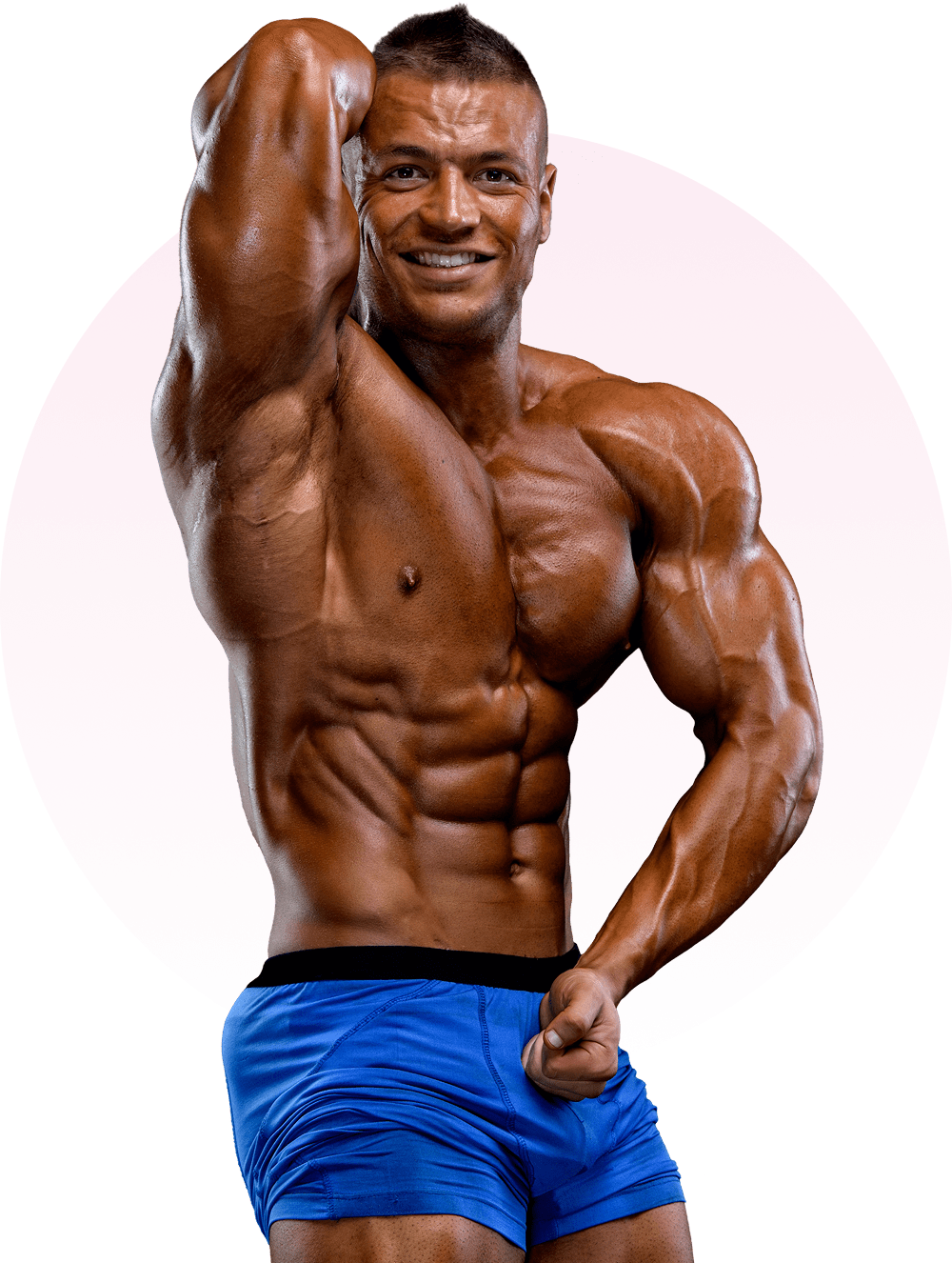 img 1 (2) Bodybuilder in blue shorts flexes muscles against a pink circle backdrop.